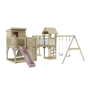 OutdoorToys Spielturm Malou mit Schaukel, Rutsche, Kletterwand und Spielhaus in Altrosa.