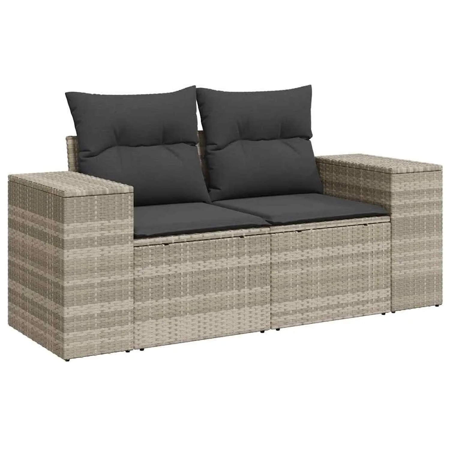 Hellgraue 8-tlg. Garten-Sofagarnitur aus Poly Rattan mit dunklen Kissen.
