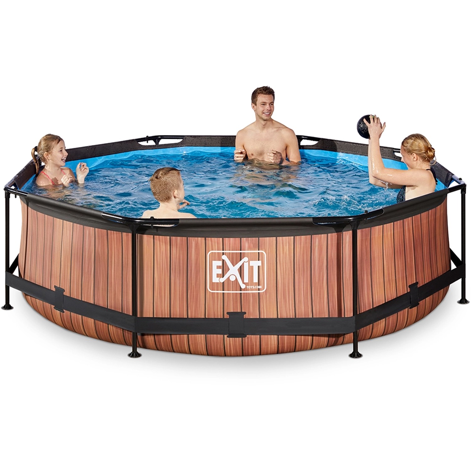 Exit Stahlrahmenpool-Set Wood Ø 300 cm mit Holzoptik und Badenden.