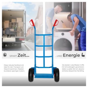 Blaue Tectake Sackkarre mit Stahlrahmen und Luftbereifung für Umzug und Transport.