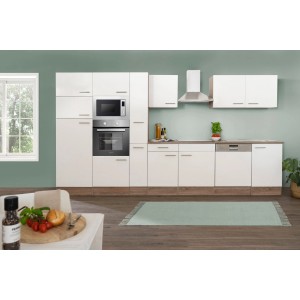 Respekta Küchenzeile KB370EYWMIGKE, 370 cm, Weiß Seidenglanz mit Eiche York Nachbildung, inklusive E-Geräte.