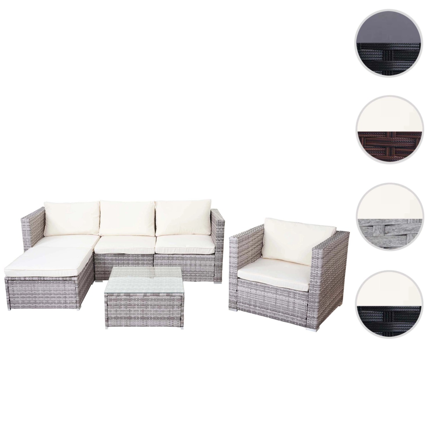 Graue Poly-Rattan Lounge-Garnitur Busto mit creme-farbenen Kissen und Tisch mit Glasplatte.