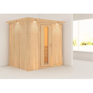 Karibu Sauna mit LED-Dachkranz aus naturbelassenem Holz, klare Tür. Elementsauna für entspannte Stunden.