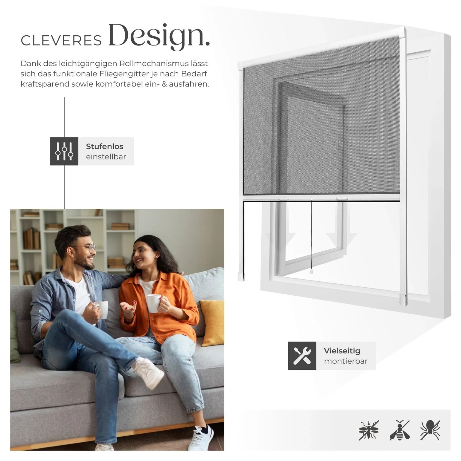 Tectake Aluminium Insektenschutzrollo  Mit Bürstendichtungen Individuell Kürzbar 110 x 160 cm 5 x 110 x 160 cm Weiß_4