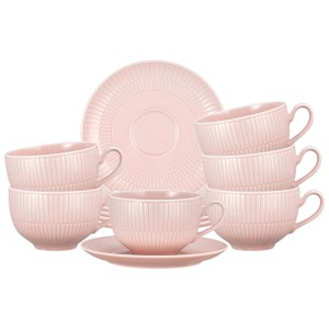 Seltmann Weiden Amina Milchkaffeetassen-Set, 6-teilig, Rosé, mit Untertassen. Geschirr aus Porzellan mit Rillenrelief.