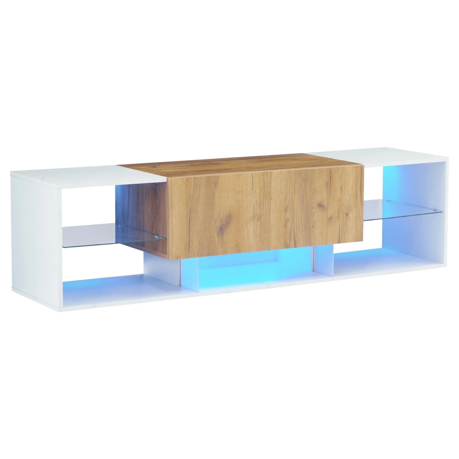 ModernLuxe TV Lowboard 3 Ebenen mit Glasablage 2 Schubladen Spanplatte Weiß Natur