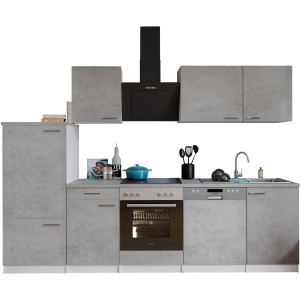 Respekta Küchenblock Malia 280 cm in Betonoptik mit E-Geräten und Dunstabzugshaube.