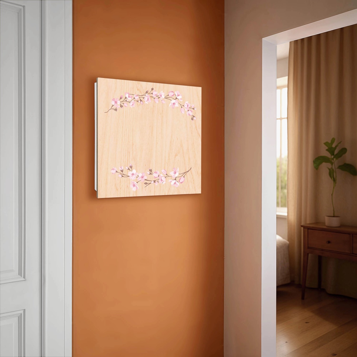 Weißer Banjado Schlüsselkasten aus Holz mit Kirschblüten-Motiv, 30x30cm, 50 Haken.