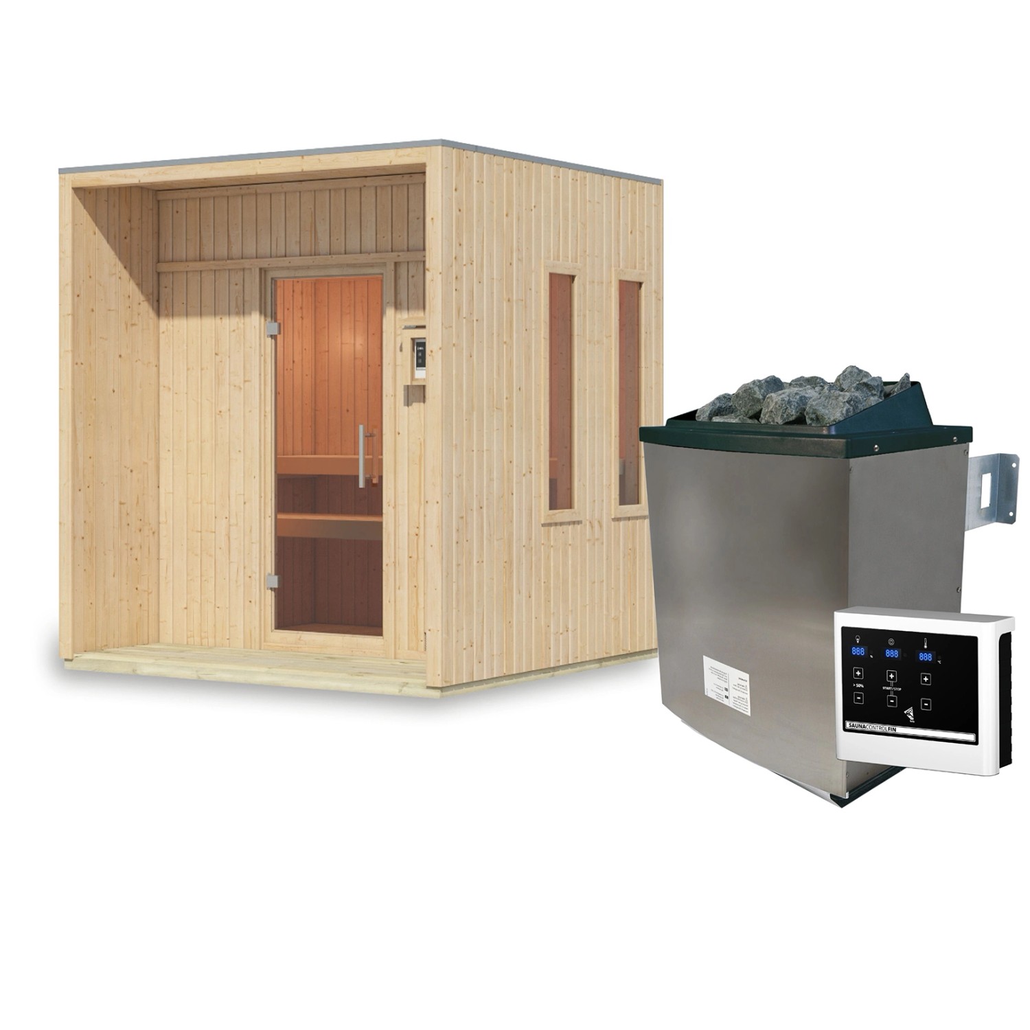 Karibu Saunahaus Almeria mit Ofen 9 kW Extern Naturbelassen günstig online kaufen