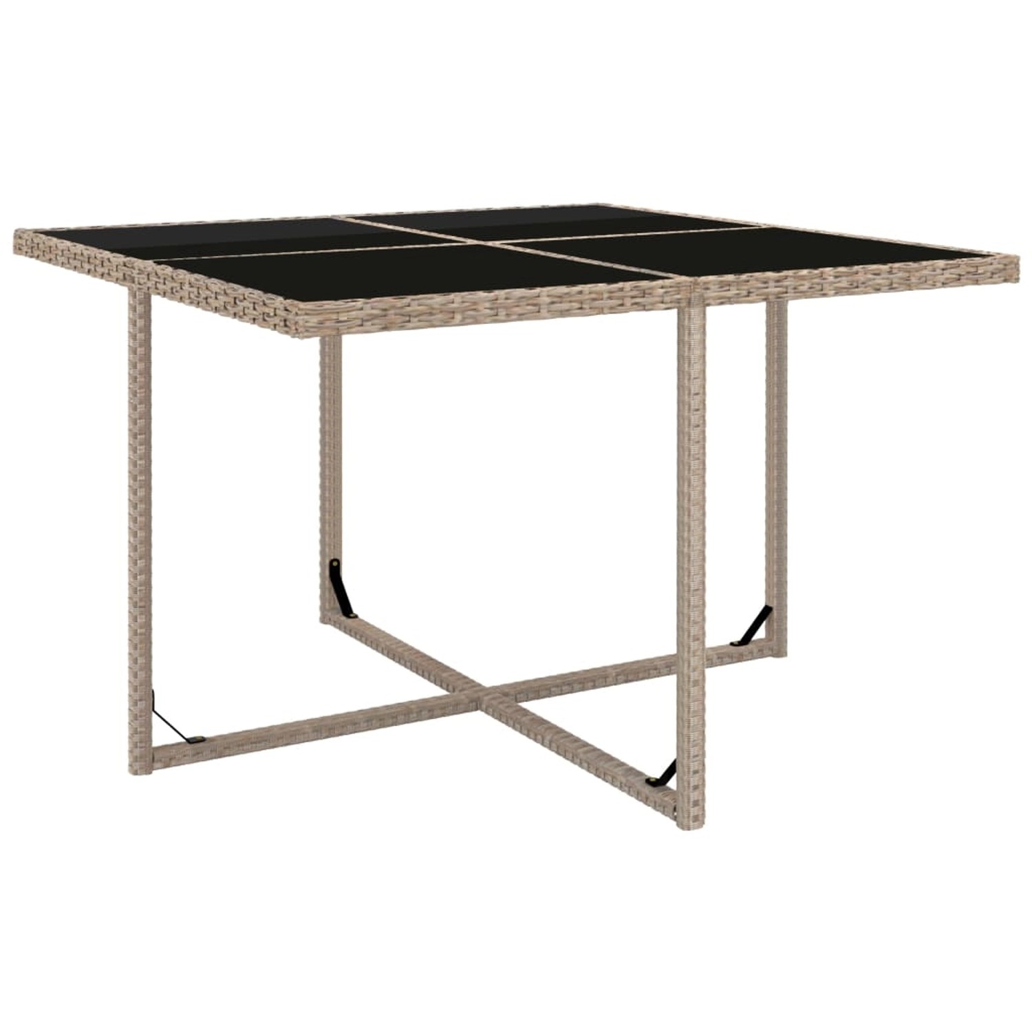Quadratischer Gartentisch der vidaXL 5-tlg Essgruppe aus beigem Poly Rattan mit Glasplatte.
