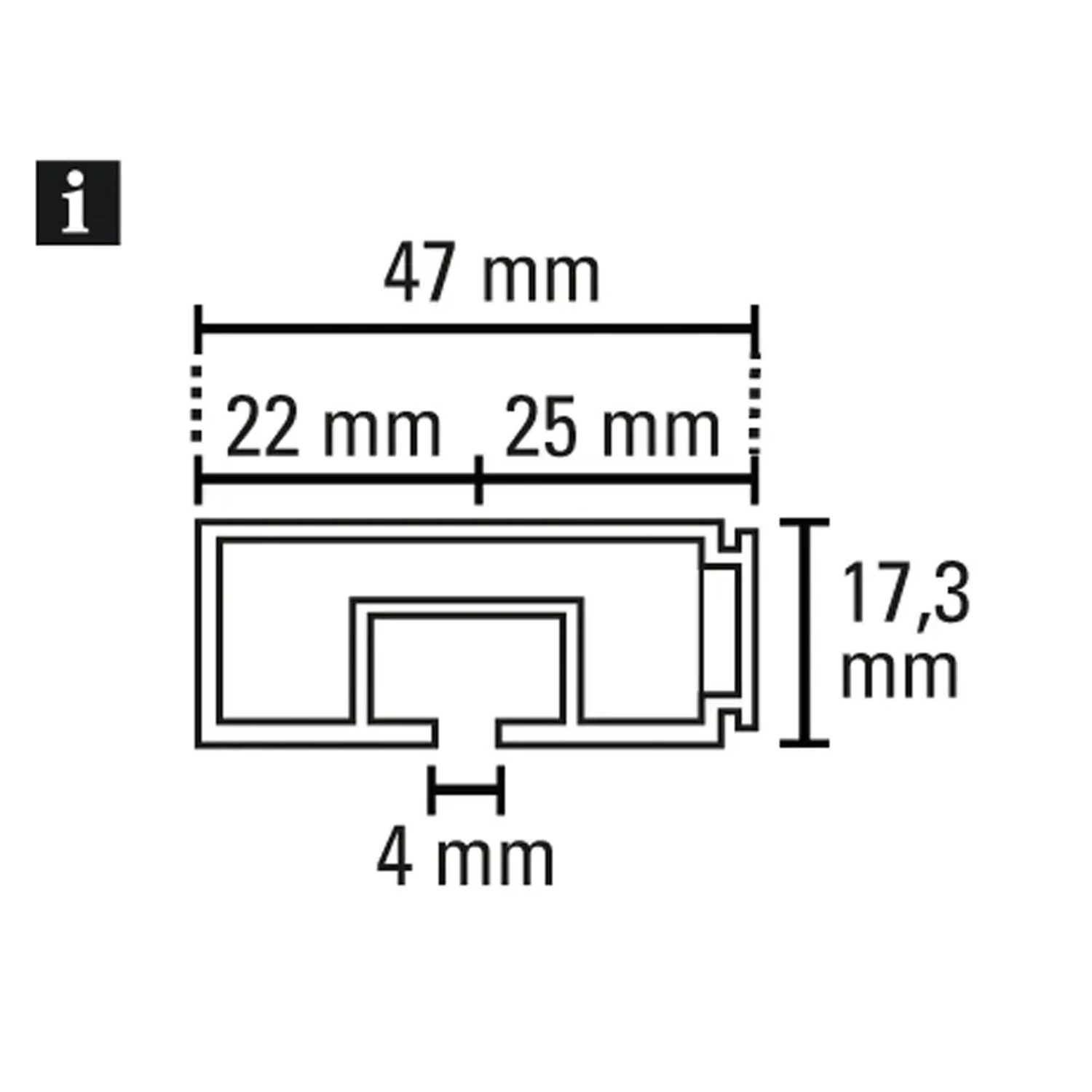 Technische Zeichnung Gardinia Vorhangschiene GE1, 47x17,3 mm, Laufkanal 4 mm, für Blendenbefestigung.