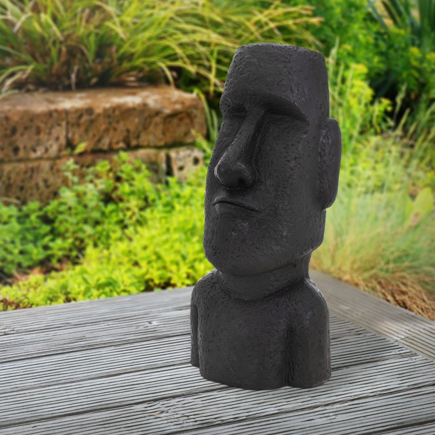 Anthrazitfarbene Moai Figur Rapa Nui (53,5 cm) aus Steinguss Kunstharz als Gartendeko.