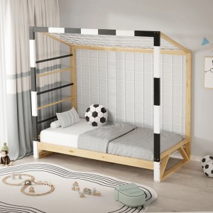 Ml-Design Kinderbett Fußballtor 80x160 cm, schwarz-weiß, Kiefernholz mit Lattenrost und Netz.
