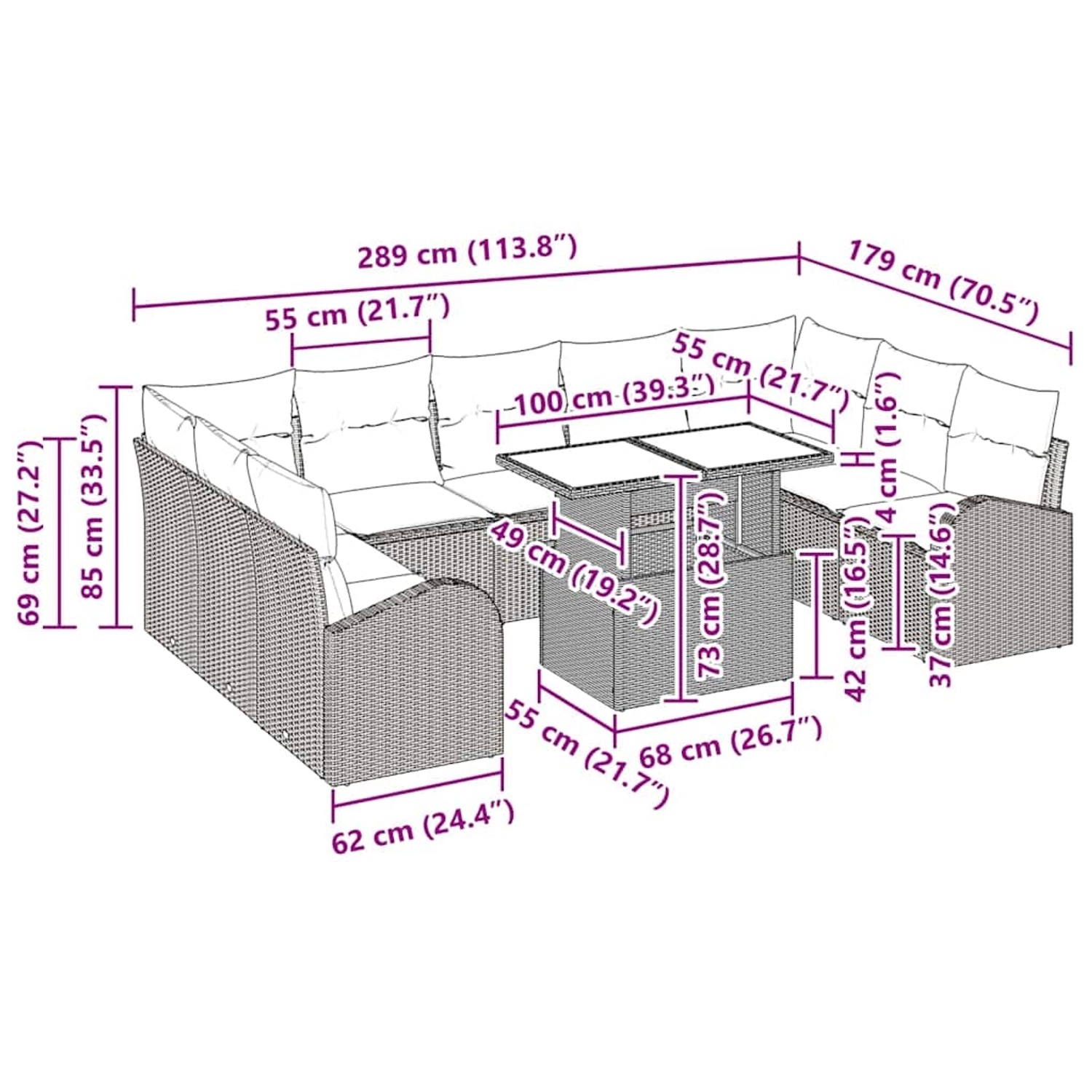 Hellgraues 10-teiliges Garten-Sofa-Set mit Tisch aus Polyrattan von vidaXL. Gartenmöbel für Terrasse und Garten.