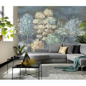 Erismann Fototapete French Forest, 300x270 cm, blau, mit Waldmotiv im Wohnzimmer.