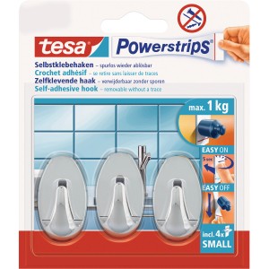 Tesa Klebehaken Chrom oval, 3er-Set mit Powerstrips Small. Hält bis 1 kg, spurlos ablösbar.
