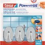 Tesa Klebehaken Chrom oval, 3er-Set mit Powerstrips Small. Hält bis 1 kg, spurlos ablösbar.