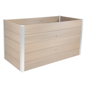 Silbergraues Dobar Hochbeet aus WPC, 146x70x75 cm, mit Aluminiumkanten. Ideal für Garten und Balkon.