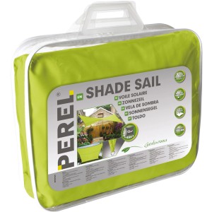 Verpacktes Perel Viereck-Sonnensegel, 360x360 cm, limegrün, UV-Schutz, wasserabweisend.