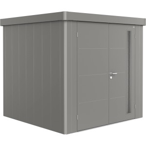 Biohort Gerätehaus Neo 2B mit Doppeltür in Quarzgrau-Metallic. Modernes Design für Ihren Garten.