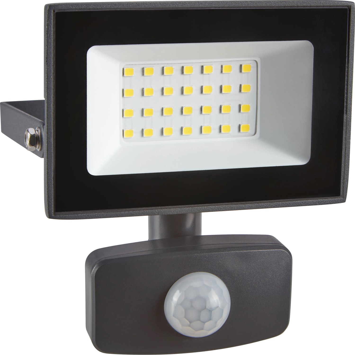 Grauer LED Strahler 20W mit Sensor für den Außenbereich.