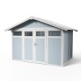 Grosfillex Kunststoff-Gartenhaus Utility 7,5 in Graublau mit Doppeltür und Fenster.