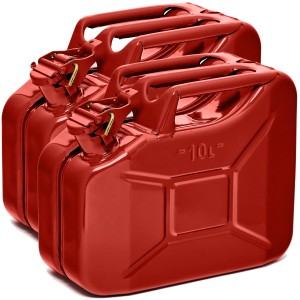 Zwei rote 10L BW Kraftstoffkanister aus Metall für Benzin, Diesel und E10. Pannenhilfe für Auto, Boot oder Garten.