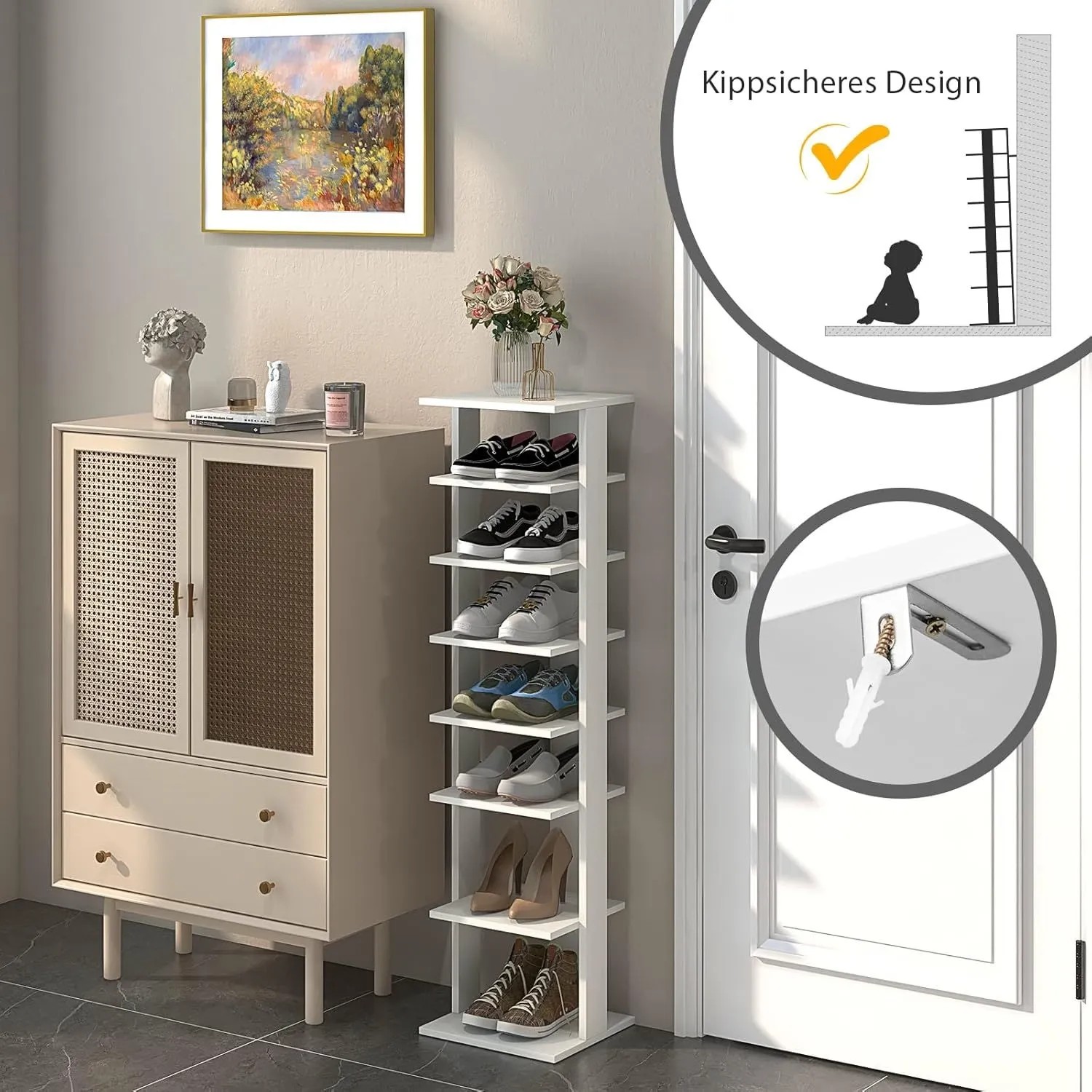 Costway Schuhregal mit 8 Stufen, höhenverstellbar, aus Holz in Braun und Weiß.