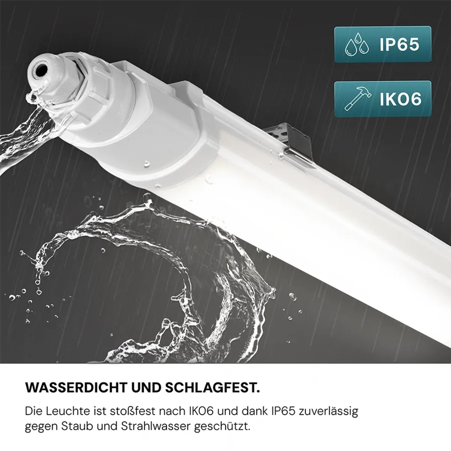 LUXULA LED Feuchtraumleuchte, 60cm, IP65, IK06, mit Wasserstrahl