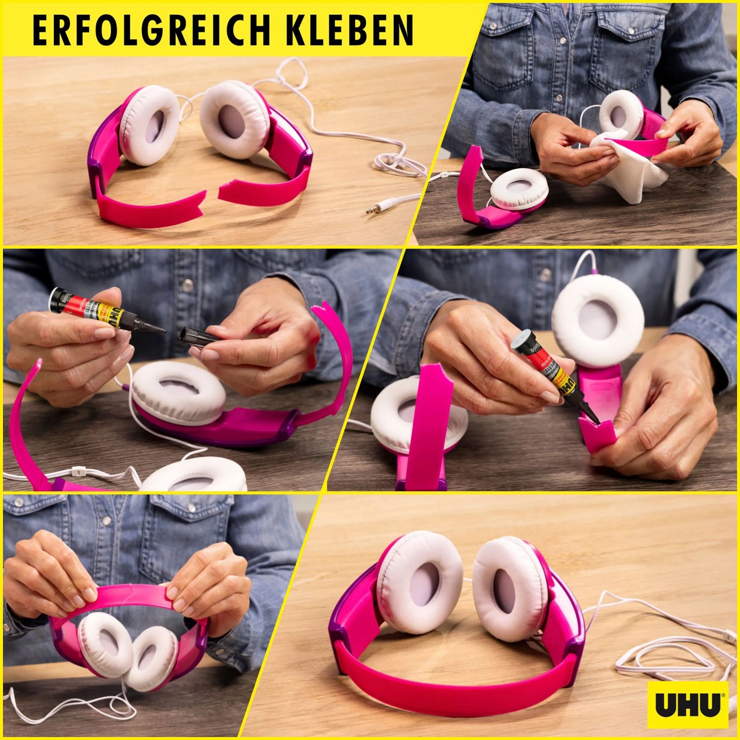 UHU Sekundenkleber Plastik Set beim Kleben von Kopfhörern in Nahaufnahme.