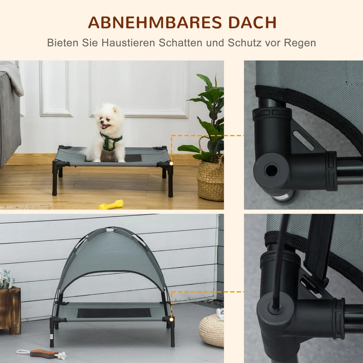 PawHut Hundebett mit Baldachin, erhöhte Liegefläche, atmungsaktives Netzgewebe, ideal für den Sommer.