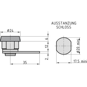 Technische Zeichnung: Basi Hebelschloss HS 325 für Albert Briefkästen, verschiedene Maße.