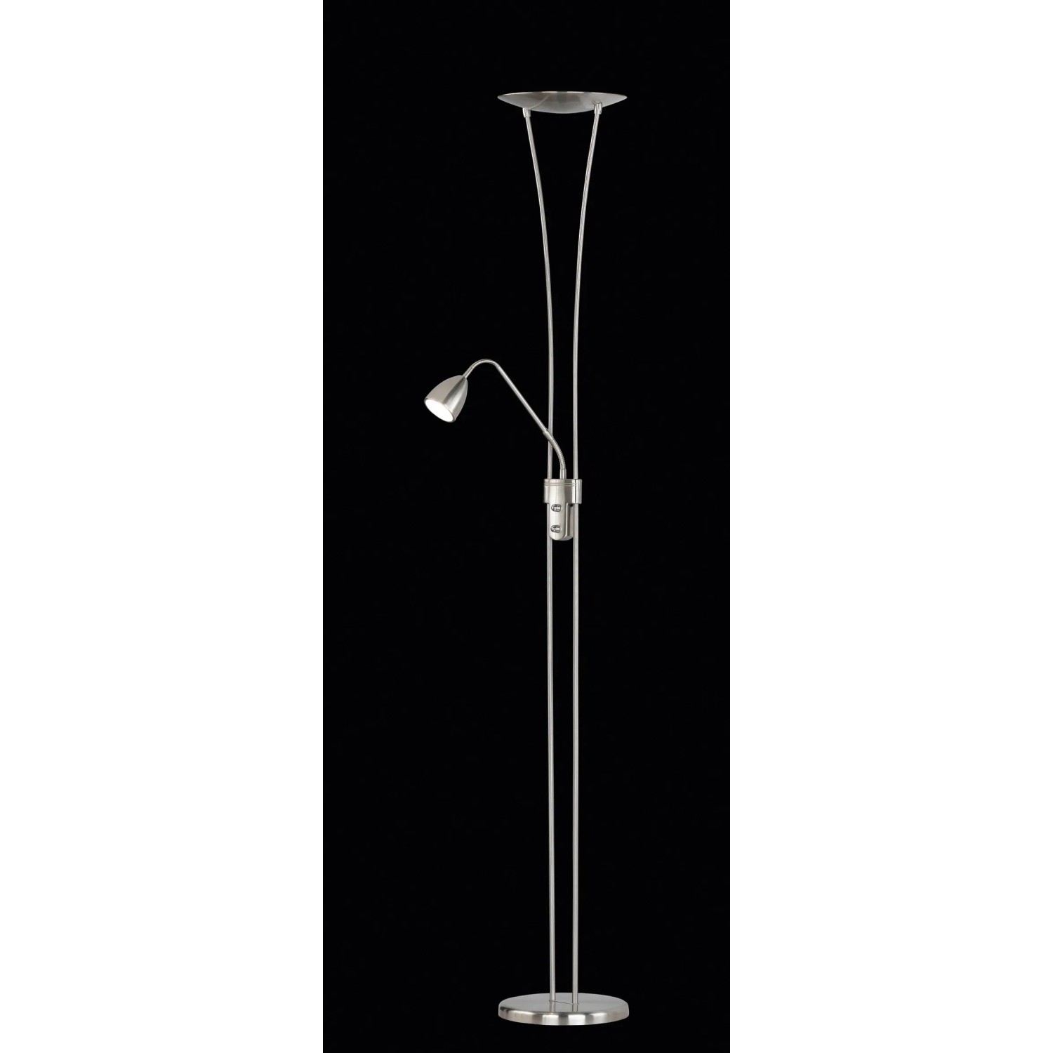 Moderner LED-Deckenfluter, 2-flammig, Nickel matt mit Lesearm. Ideal als zusätzliche Lichtquelle.