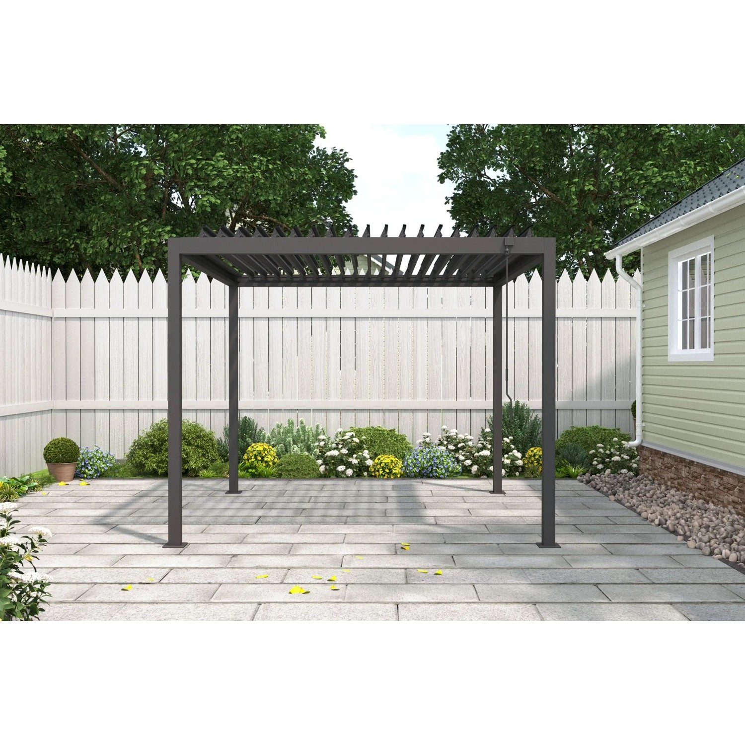 MWH Pergola Origin 88 Anthrazit 3x3m mit verstellbarem Lamellendach und stabilen Stahlpfosten auf Terrasse.