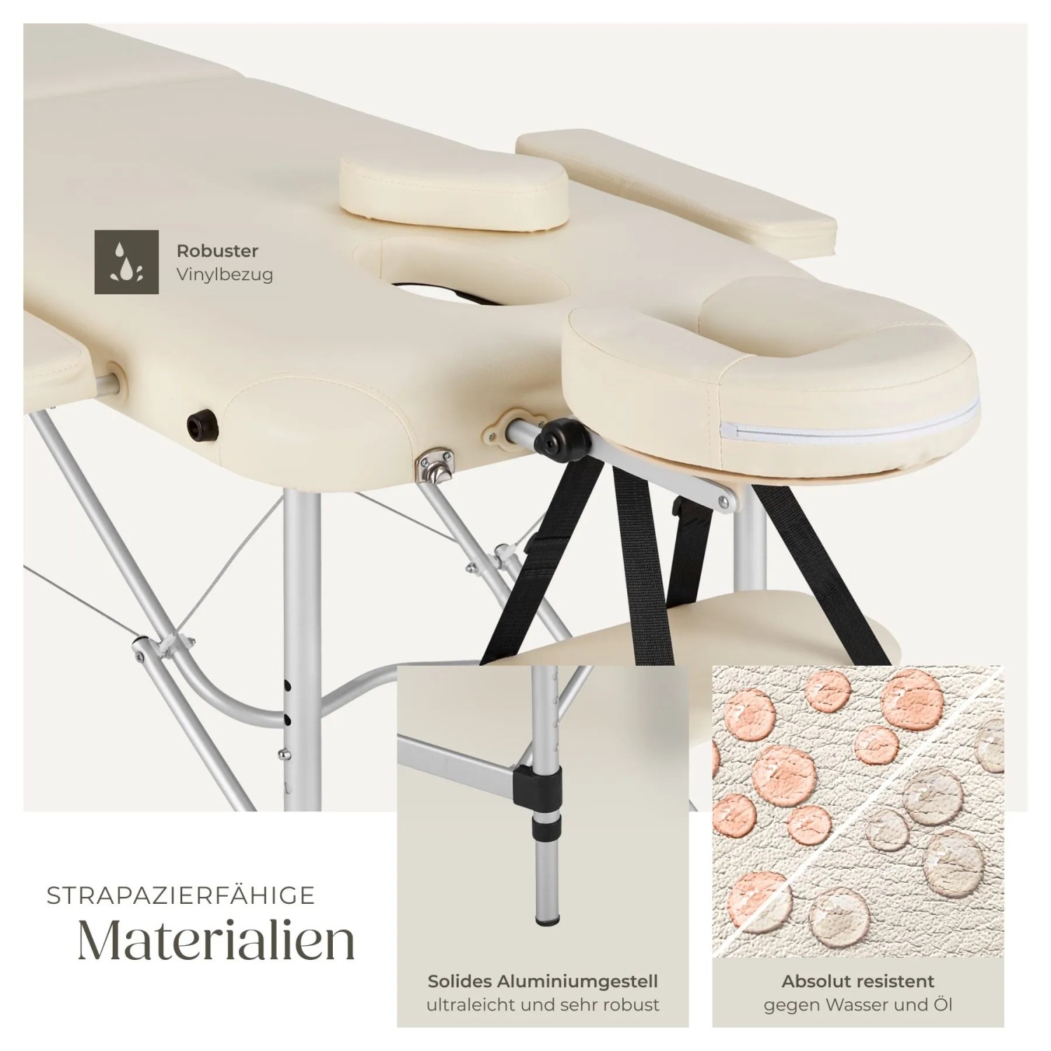 Beige Massageliege von Tectake mit Armlehnen, Kopfstütze und Alugestell. Klappbar und mit Tragetasche.