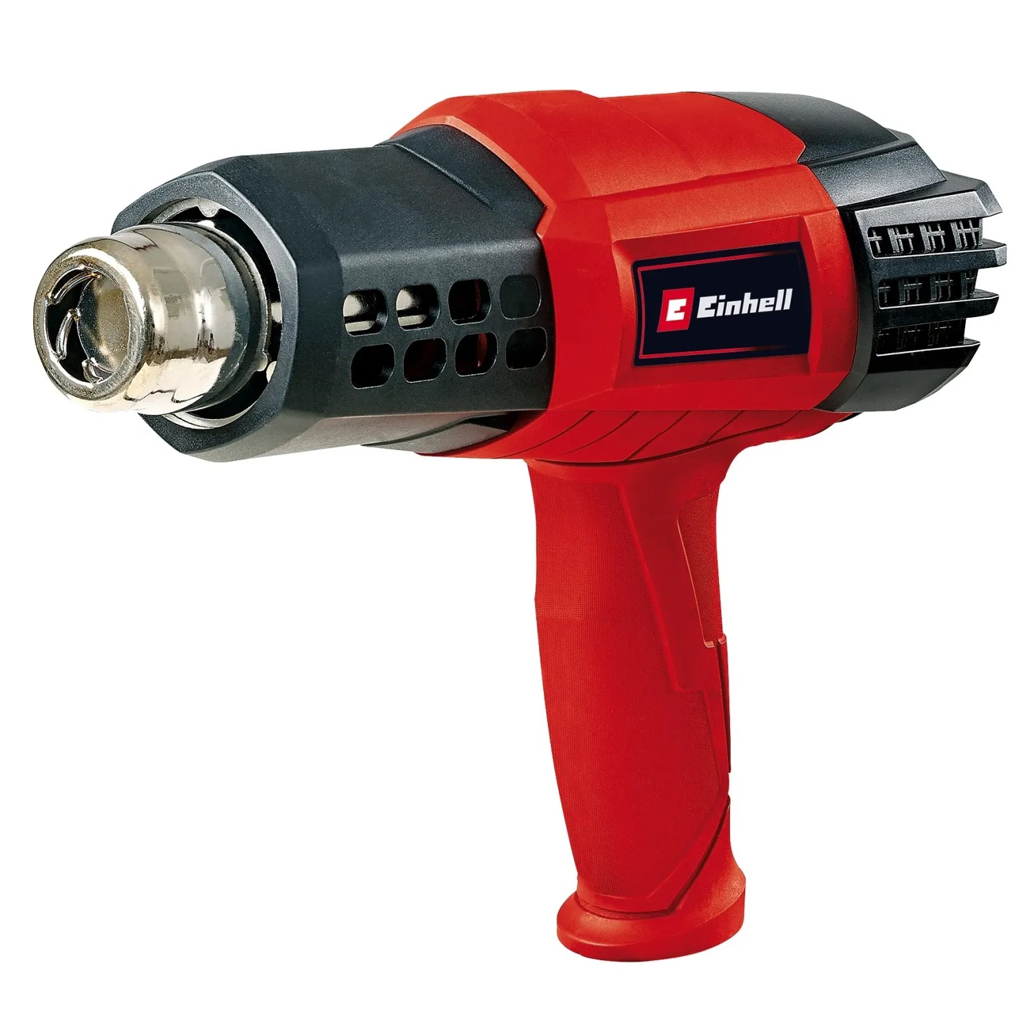 Einhell Heißluftpistole TE-HA 2000 E, rotes Gehäuse mit schwarzem Kopf und Düsenaufsatz.