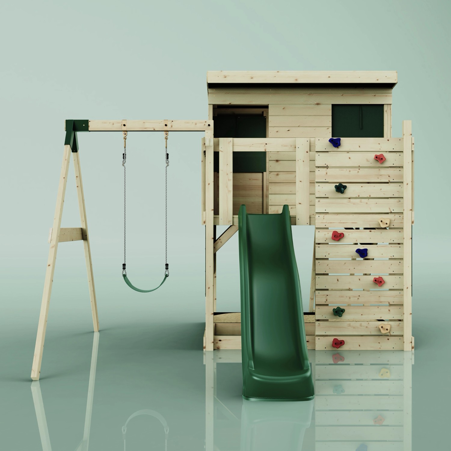 PolarPlay Spielturm Tjorven mit Schaukel, Rutsche und Kletterwand aus Holz, dunkelgrüne Akzente.