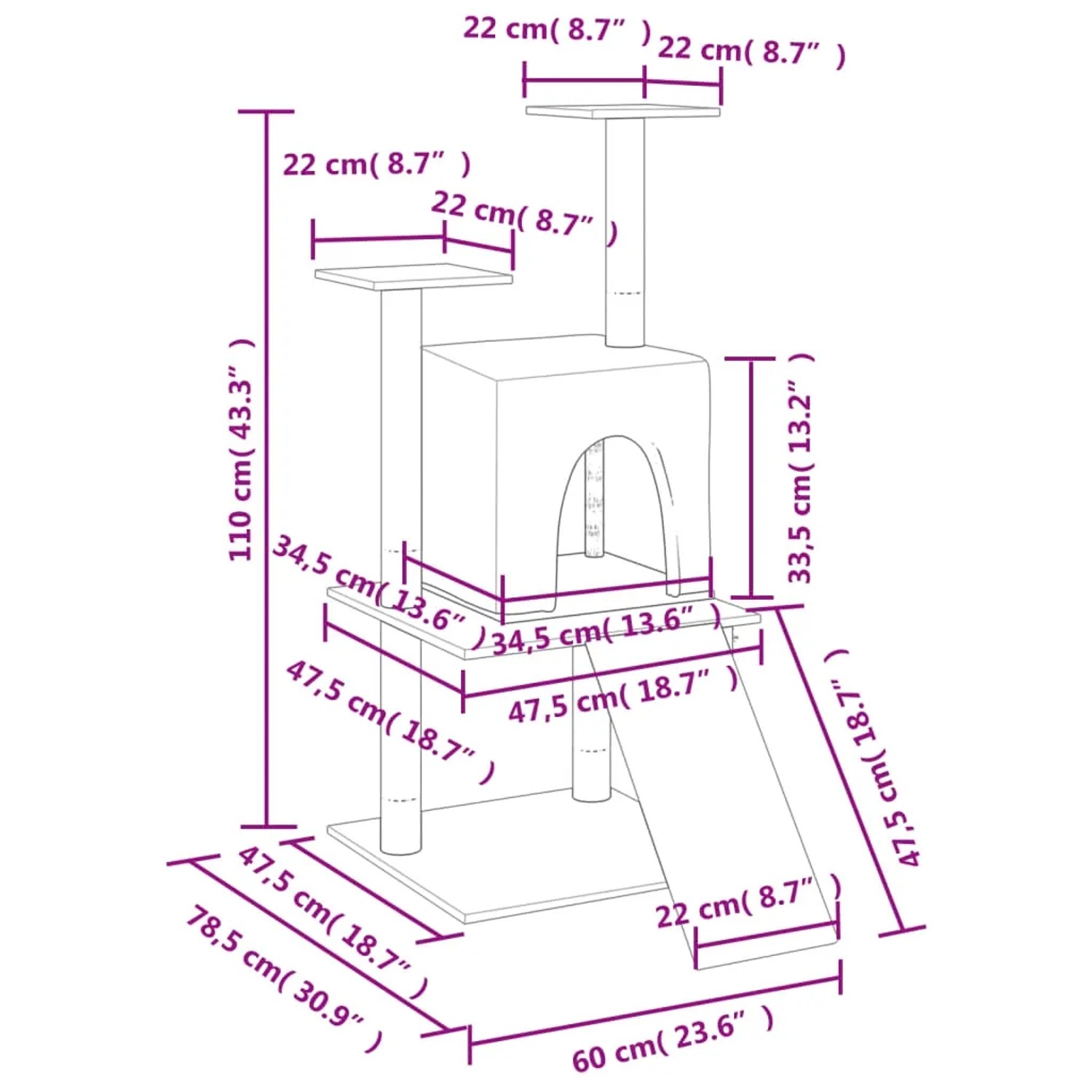 Hellgrauer Kratzbaum mit Sisal-Säulen, Katzenhöhle, Rampe und Liegeflächen, 110 cm hoch.
