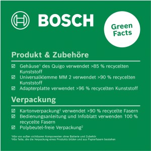 Infografik zu Materialeigenschaften des Bosch Quigo Kreuzlinienlaser und Zubehör.