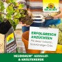 Neudorff Neudohum Aussaat- und Kräutererde 10L im Sack, mit Pflanze und Gartengerät.