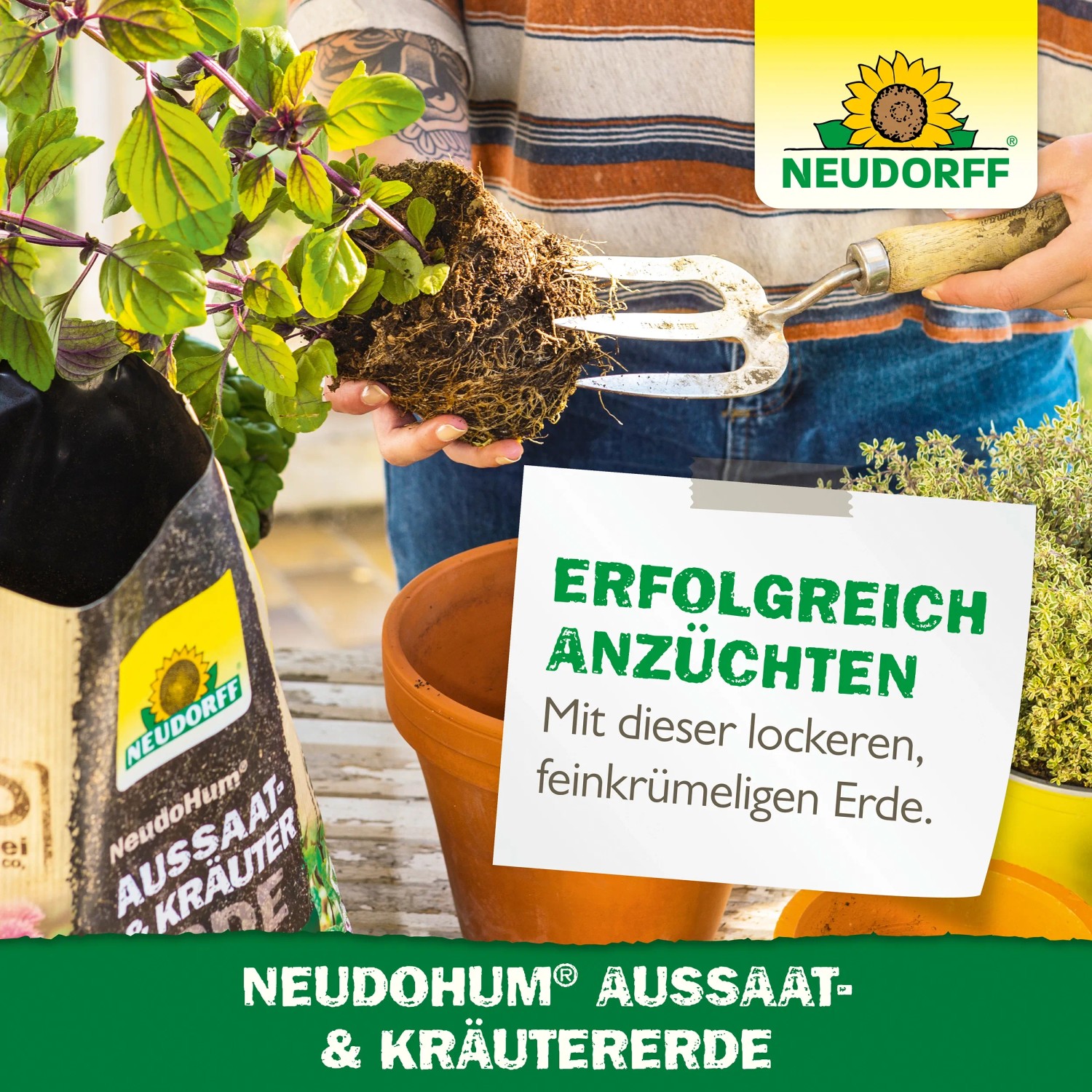 Neudorff Neudohum Aussaat- und Kräutererde 10L im Sack, mit Pflanze und Gartengerät.