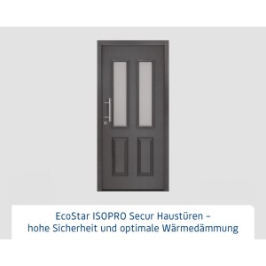 EcoStar IsoPro Secur Haustür, Anthrazit-Metallic, DIN Links, mit zwei satinierten Glaseinsätzen und Edelstahlgriff.