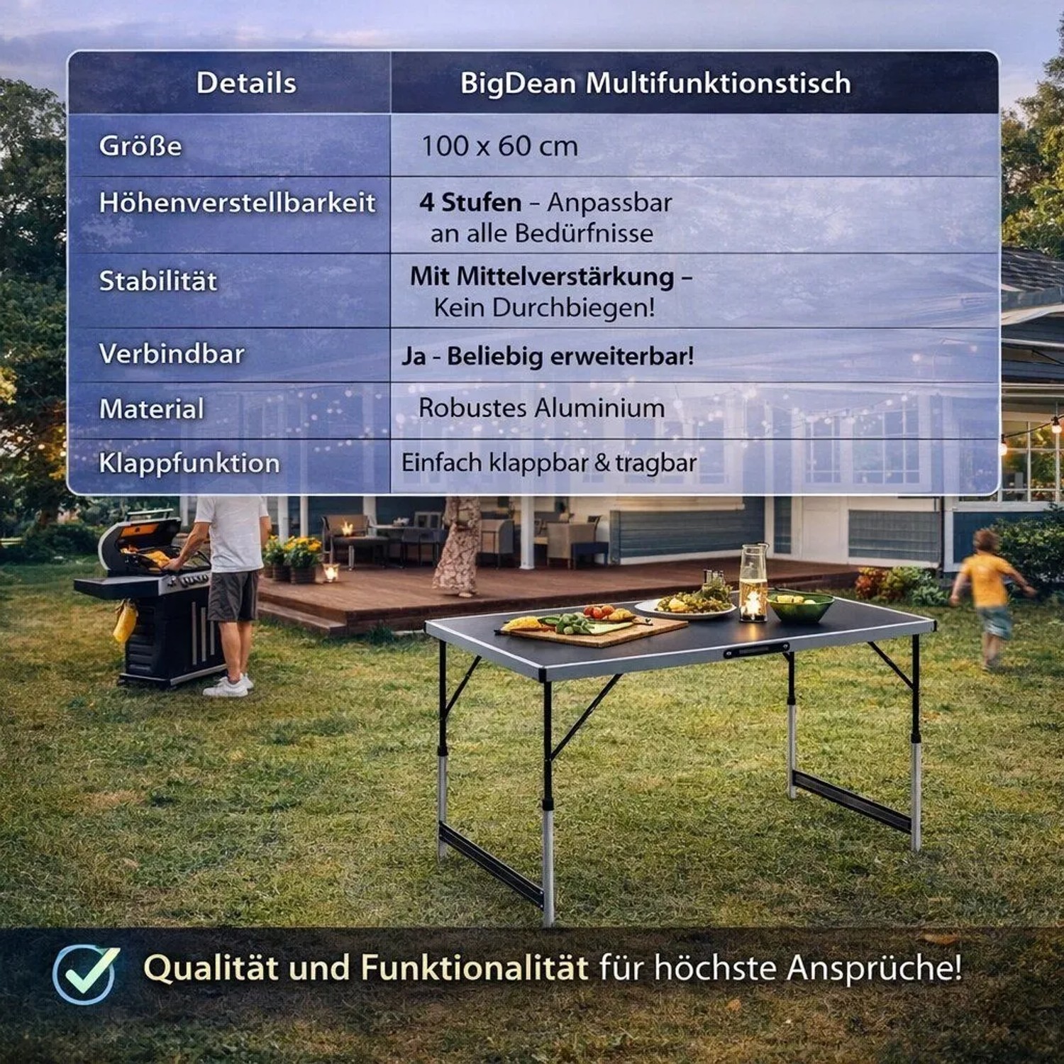 BigDean Multifunktionstisch 100x60cm, höhenverstellbar und klappbar, ideal als Campingtisch oder Gartentisch.