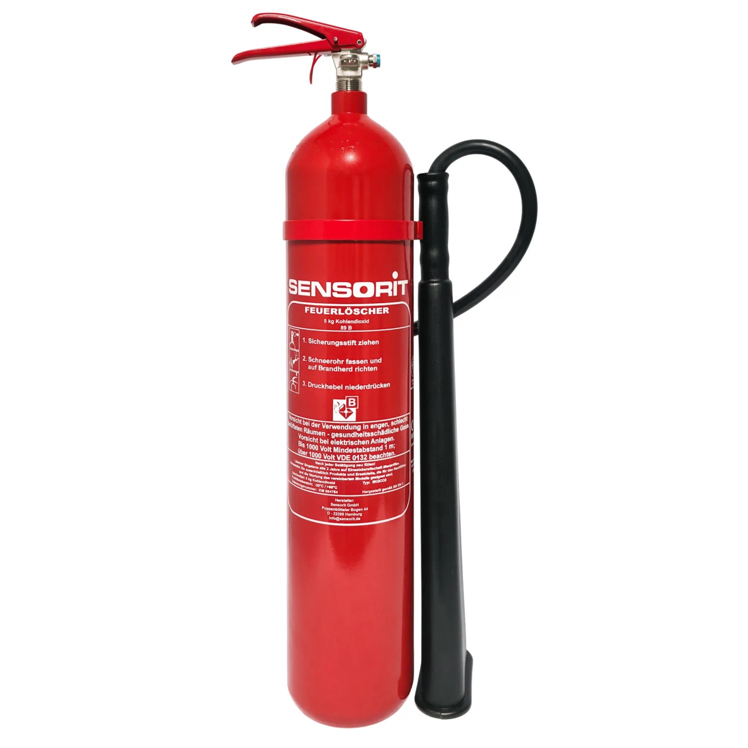 Sensorit CO2 Feuerlöscher 5kg Kohlendioxid Löscher für ELEKTRISCHE Anlagen und EDV nach DIN EN 3 inkl. Instandhaltungsschild und Wandhalter