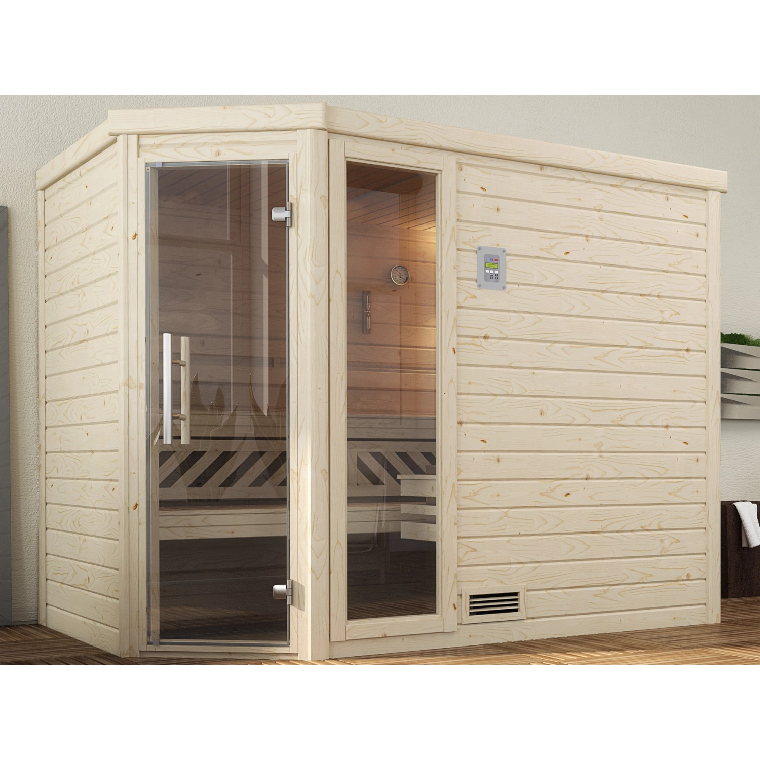 Weka Massivholz-Ecksauna 536 OS Set Gr. 2 mit Glastür und Fensterelement günstig online kaufen