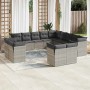 Hellgraue 13-tlg. Garten-Sofagarnitur aus Poly Rattan mit grauen Kissen. Gartenmöbel für Terrasse und Garten.