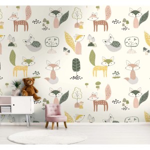 Bunte Waldtiere Tapete mit Füchsen für Kinderzimmer, Mädchenzimmer und Babyzimmer.