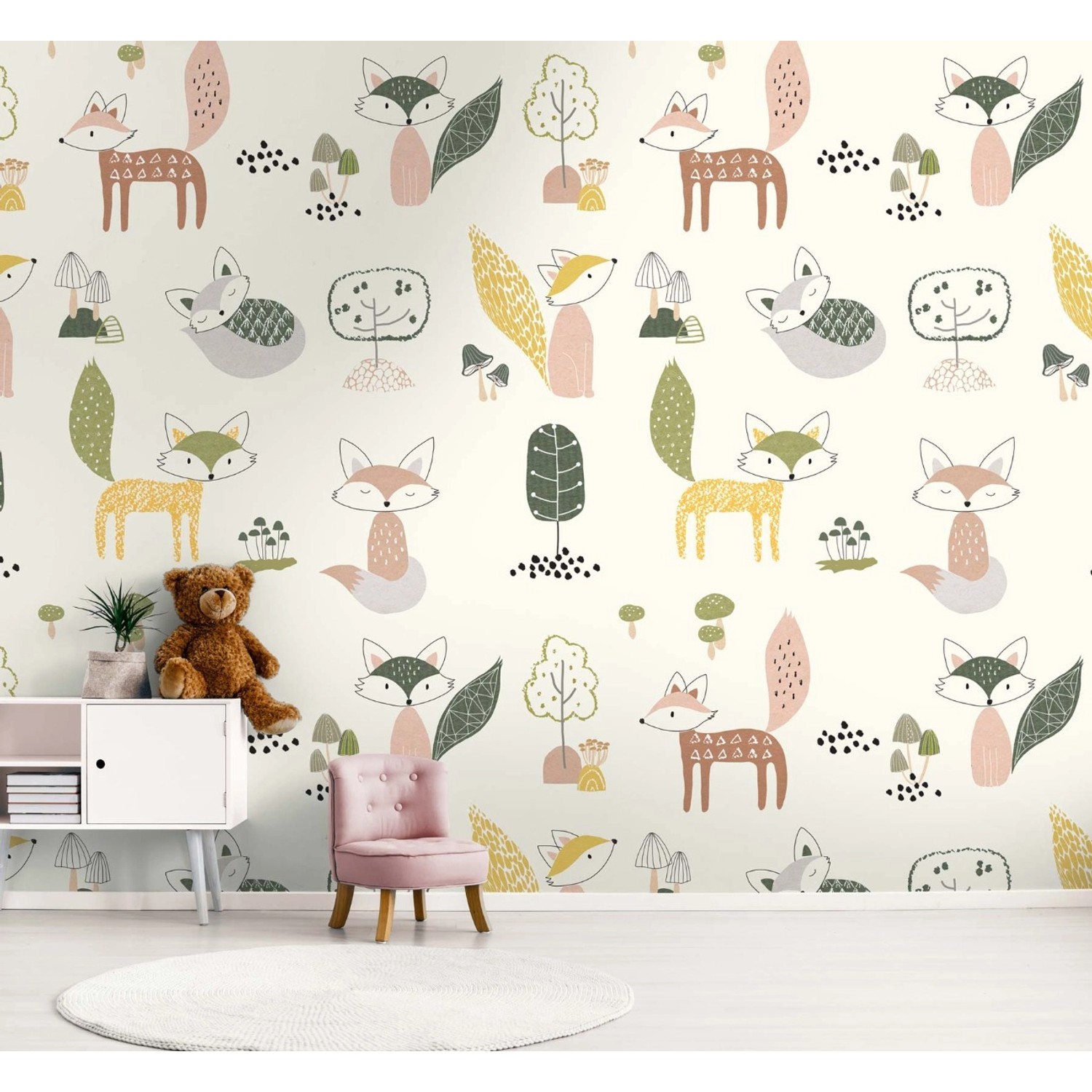 Bunte Waldtiere Tapete mit Füchsen für Kinderzimmer, Mädchenzimmer und Babyzimmer.