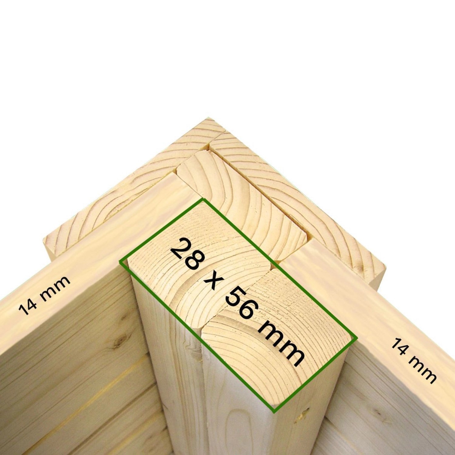 Detailaufnahme Ecke des Bertilo Gartenhaus Amrum aus Holz mit Maßangaben.