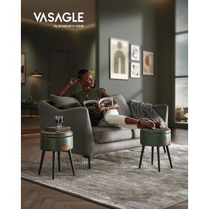 Vasagle Sitzhocker Waldgrün (Ø 32 cm) im Wohnzimmer als Fußablage und Beistelltisch.